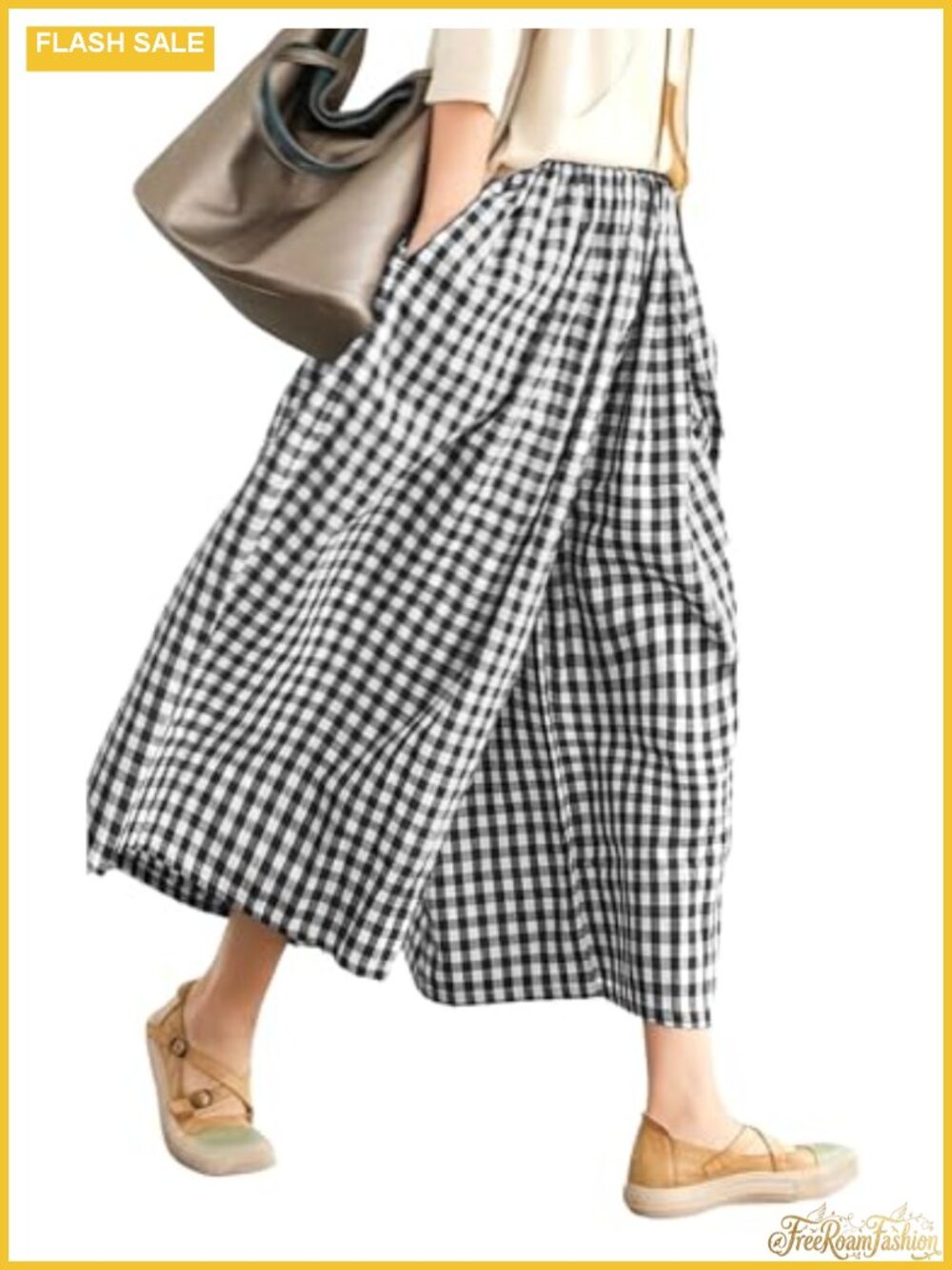Women Wide Leg Capri Pants Cotton Elastic Waist Palazzo